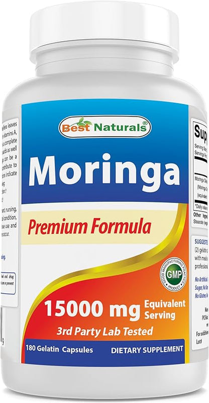 Best Naturals Moringa 15000 mg Equivalent per Serving - 180 Capsules - Superfood Nutrients for Healthy Wellbeing