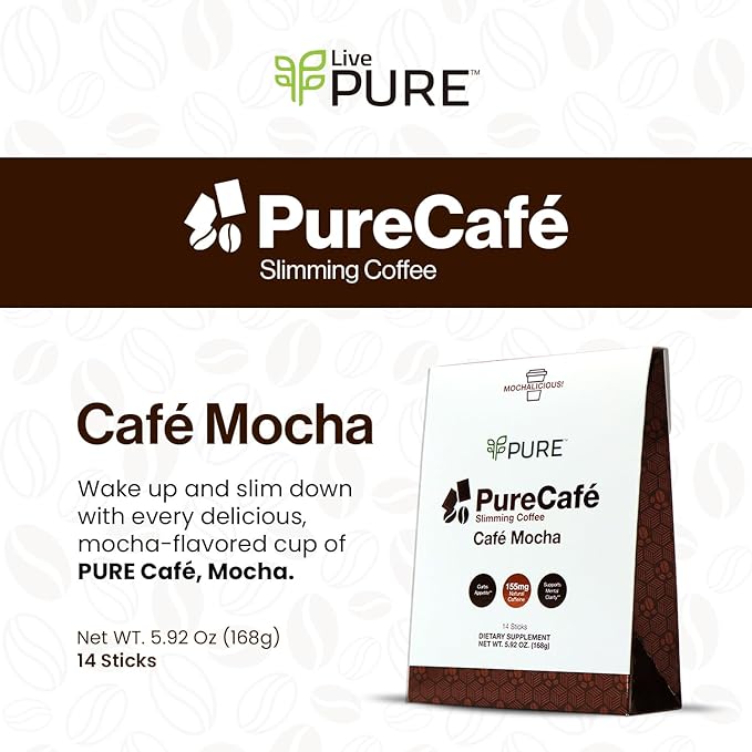 PureCafé Mocha with Green Coffee Beans Extract - Wake Up, Slim Down, and Indulge in Delicious Coffee with Garcinia Cambogia, Bioperine, B Vitamins, and Oolong Tea - Sweetened with Stevia