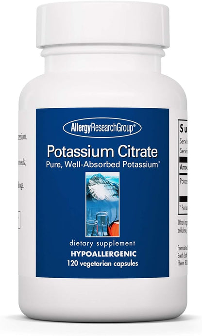 Allergy Research Group Potassium Citrate - for Men & Women, Organic, Pure, Well-Absorbed, 99mg Supplement, Vegetarian Capsules - 120 Count