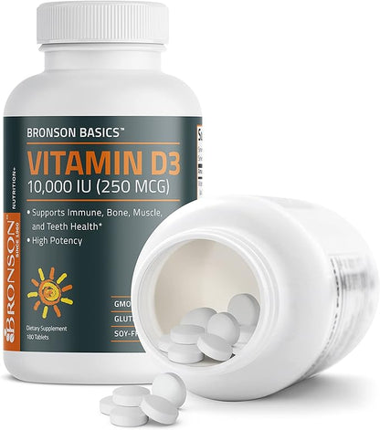 Bronson Vitamin D3 10,000 IU (250 MCG) for Healthy Muscle Function and Immune Support, Non-GMO, 180 Tablets