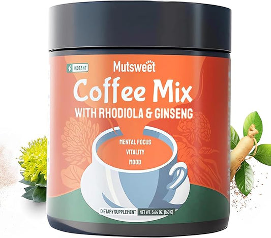 Mutsweet Rhodiola Rosea Instant Coffee Mix with Ginseng Supplement, 40 Servings, Coffee Alternative Powder, Ginseng Extract, Ground Coffee Support Energy, Mood, Stress, Stamina