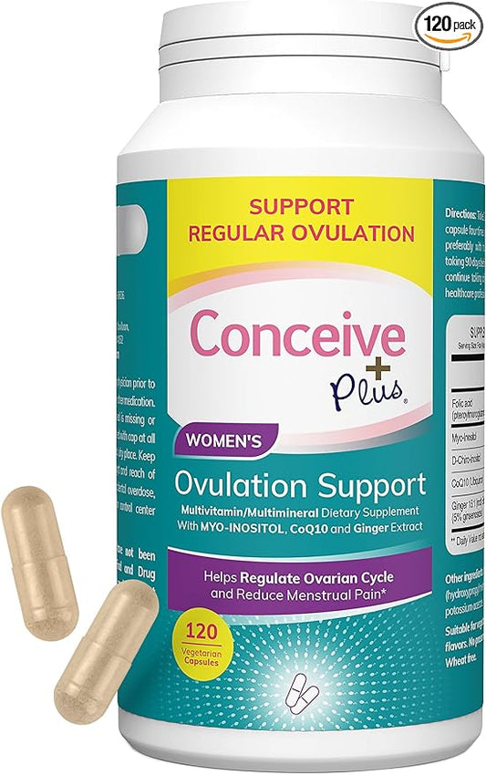 CONCEIVE PLUS Myo-Inositol & D-Chiro Inositol Supplement Blend Capsules | Folate, Ginger, CoQ10, Vitamin B8 | 30-Day Supply Healthy Ovarian Function for Women | 120 Inositol Caps