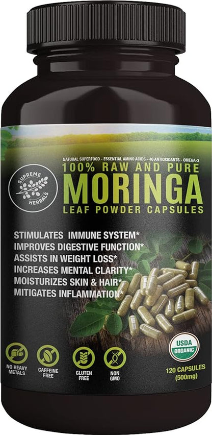 100% Raw and Pure Moringa Leaf Powder Capsules. Organic Certified Moringa Leaf. Natural Superfood with Essential Amino Acids, Antioxidants and Omega 3, 500mg, 120 Capsules.