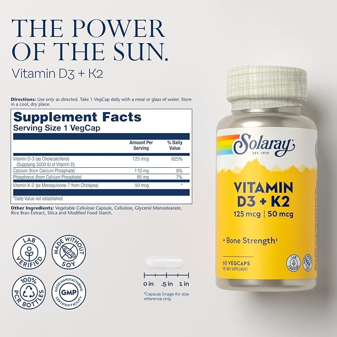 SOLARAY Vitamin D3 K2, K2 D3 Vitamin Supplement for Calcium Absorption, Bone Strength, Cardiovascular & Immune Function Support, Made Without Soy, 60-Day Guarantee, 60 Servings, 60 VegCaps