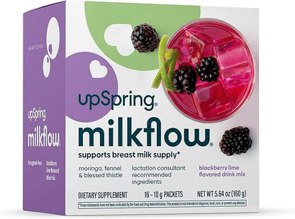 UpSpring Milkflow Fenugreek-Free BlackBerry Lime Drink Mix | Breastfeeding Supplement for Lactation Support | Moringa, Blessed Thistle, Fennel, Anise Promote Healthy Breastmilk Supply | 16 Ct