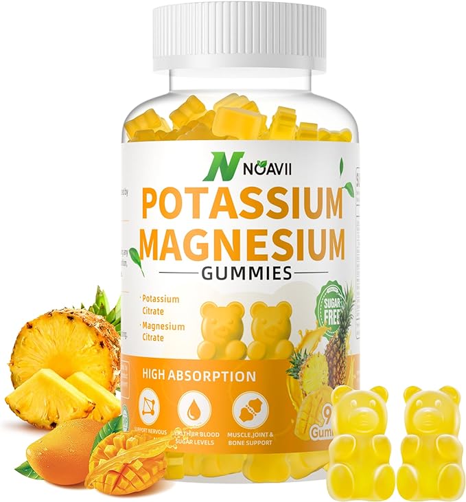 Potassium Magnesium Gummies, New Formula Calm Magnesium Glycinate Gummies, Chewable Gummy Supplements for Leg Cramps & Muscle, Pineapple Flavor 90 Count