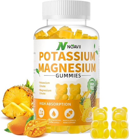 Potassium Magnesium Gummies, New Formula Calm Magnesium Glycinate Gummies, Chewable Gummy Supplements for Leg Cramps & Muscle, Pineapple Flavor 90 Count