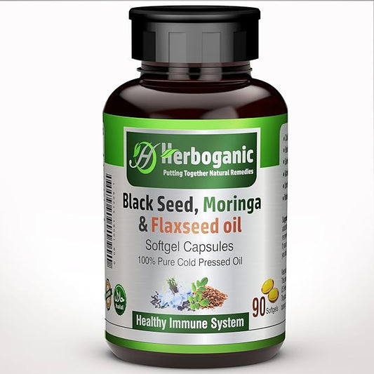 Black Seed, Moringa and Flaxseed Oil Softgels Capsules - 90 Count - Blended with Other Herbal Products-Supports Overall Health Wellness and Immunity.