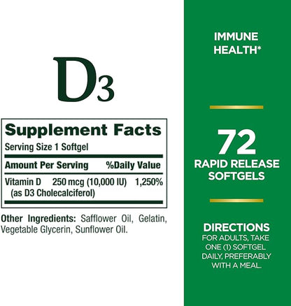 Nature's Bounty Vitamin D for Immune Support and Promotes Healthy Bones, 10000IU, Softgels, Multi-Color, 10,000 IU, 72 Count (Pack of 1)