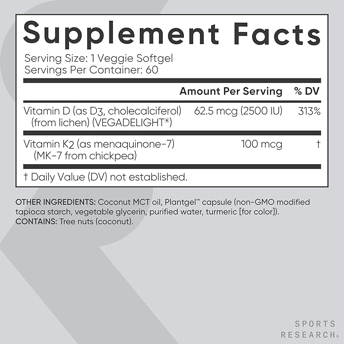 Sports Research® Vitamin D3 + K2 with Coconut MCT Oil | Vegan D3 2500iu (62.5mcg) & Plant Based Vitamin K2 Supplement | Vegan Certified, Soy & Gluten Free - 60 Softgels