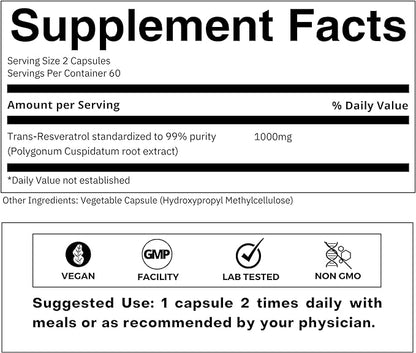 Ultra High Purity Resveratrol Capsules - 99% Trans-Resveratrol - Japanese Knotweed Extract - Support Immunity, Support Healthy Aging - 120 Caps Reservatrol Supplement