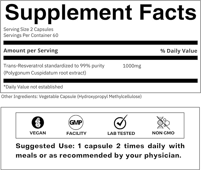 Ultra High Purity Resveratrol Capsules - 99% Trans-Resveratrol - Japanese Knotweed Extract - Support Immunity, Support Healthy Aging - 120 Caps Reservatrol Supplement