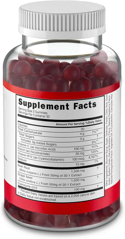 Extreme Beetroot Formula & COQ10 100mg with Grape Seed Extract, for Circulation Energy & Flow, 1500mg Beet Root Gummies Extract Gluten Free 60