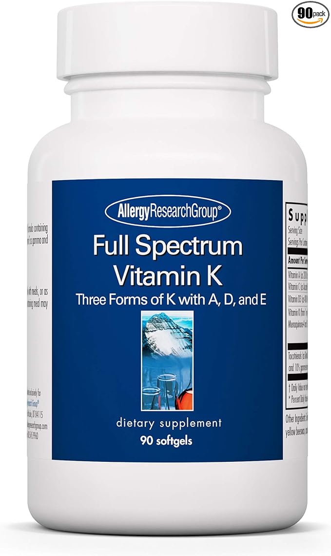 Allergy Research Group Full Spectrum Vitamin K - Vitamin K1 and K2 Supplement, Vitamin K Complex, MK-4, MK-7, Vitamin D3, Vitamin A - 90 Count