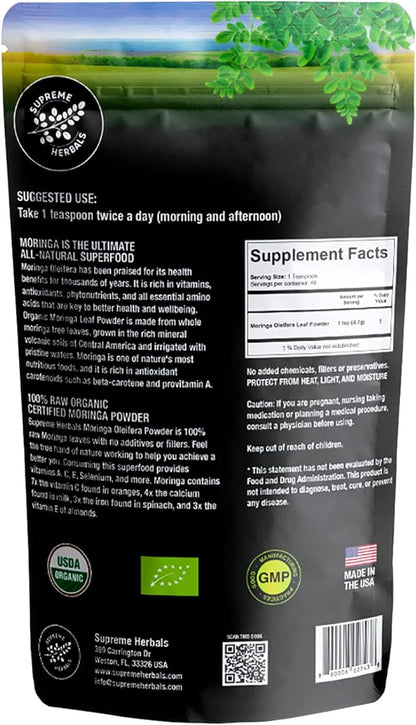 100% Raw and Pure Moringa Leaf Powder. Organic Certified Moringa Leaf. Natural Superfood with Essential Amino Acids, Antioxidants, and Omega 3, 8 oz Resealable Bag.