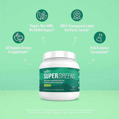 Nello Supergreens - Premium Superfood Greens Drink Mix with Chlorella, Moringa, Spinach, & Broccoli + Digestive Enzymes - Nutrient-Packed Greens Powder Superfood for Wellness(30 SRV)