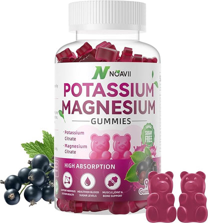 Potassium Magnesium Gummies, New Formula Calm Magnesium Glycinate Gummies, Chewable Gummy Supplements for Leg Cramps & Muscle, Elderberry Flavor 90 Count