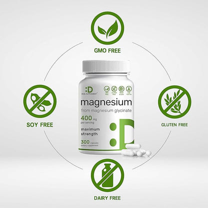 Magnesium Glycinate 400mg | Elemental Magnesium - 300 Capsules | Chelated for Easy Absorption | Highly Purified Essential Trace Mineral for Muscle, Joint, Heart, & Immune Support