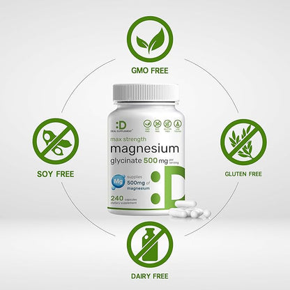 Max Strength Magnesium Glycinate 500mg Per Serving, 240 Capsules | Chelated, Highly Purified, Essential Mineral | Magnesium Supplement for Muscle, Joint, & Heart Health