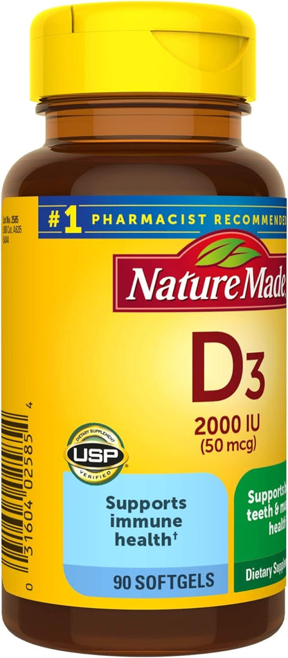 Nature Made Vitamin D3, 90 Softgels, Vitamin D 2000 IU (50 mcg) Helps Support Immune Health, Strong Bones and Teeth, & Muscle Function, 250% of The Daily Value for Vitamin D in One Daily Softgel