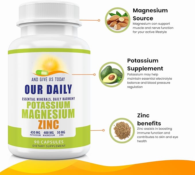 Magnesium Potassium Supplements W Zinc - 90 Capsules 400MG Magnesium,450MG Potassium,50MG Zinc for Vascular Health – High Absorption Vegan Potassium Magnesium Supplement for Leg Cramps and Sleep