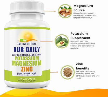 Magnesium Potassium Supplements W Zinc - 90 Capsules 400MG Magnesium,450MG Potassium,50MG Zinc for Vascular Health – High Absorption Vegan Potassium Magnesium Supplement for Leg Cramps and Sleep