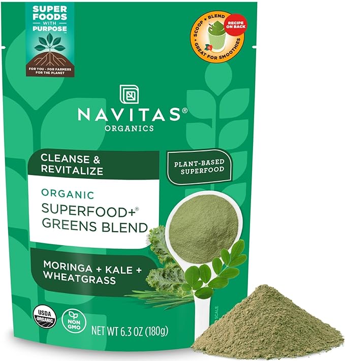 Navitas Organics Superfood+ Greens Blend for Detox Support (Moringa + Kale + Wheatgrass), 6.3oz Bag, 30 Servings — Organic, Non-GMO, Vegan, Gluten-Free, Keto & Paleo.