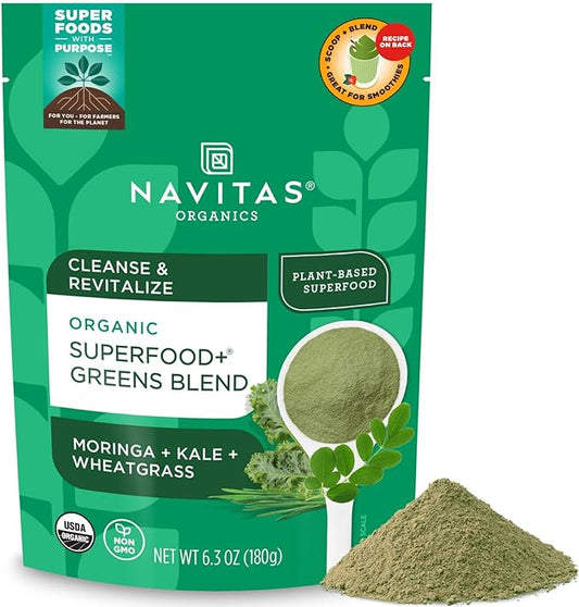 Navitas Organics Superfood+ Greens Blend for Detox Support (Moringa + Kale + Wheatgrass), 6.3oz Bag, 30 Servings — Organic, Non-GMO, Vegan, Gluten-Free, Keto & Paleo.