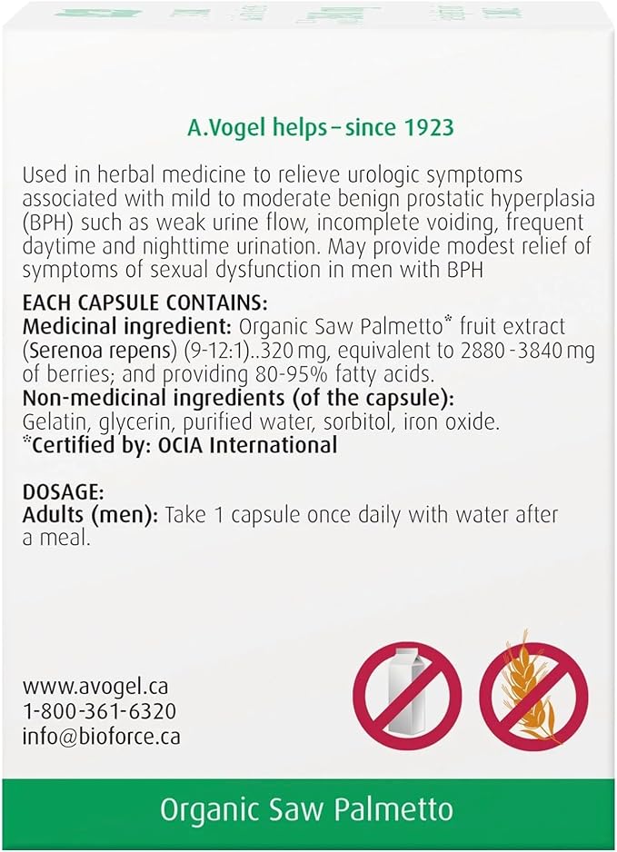 A. Vogel Prostate 1 - Organic Saw Palmetto Prostate Support Supplement - 85 Percent Fatty Acids - Clinically Proven Efficacy (60 capsules)