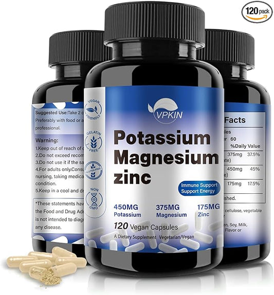 Potassium Magnesium Supplement 1000mg, Magnesium Potassium Zinc Aspartate Support Vascular, Bone, Heart, Muscle & Nerve Health, Non-GMO, Vegan, (120 Capsules)