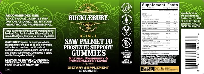 9-in-1 Saw Palmetto Gummies for Prostate and Urinary Support - Natural Raspberry and Pomegranate Flavour Plant-Based Dietary Supplement for Bladder Emptying and Hair Loss - 60 Gummies