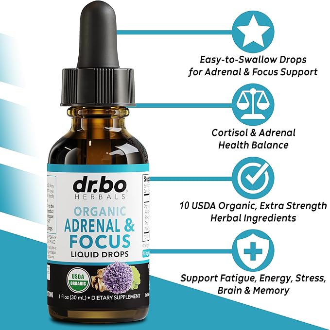 Adrenal Support Supplements Liquid Drops - Organic Adrenal and Focus Supplement, Cortisol Manager Adaptogen Adults, Ginkgo Biloba for Kids Calm - Natural Brain and Memory Fatigue Stress Attention 1oz