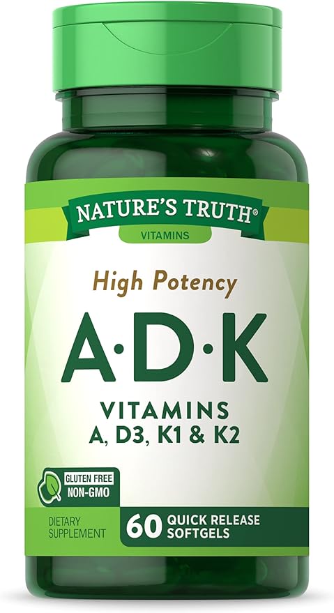 Nature's Truth Vitamin A D K Supplement | 60 Softgels | High Potency of Vitamin A, D3, K1 & K2 | Non-GMO & Gluten Free