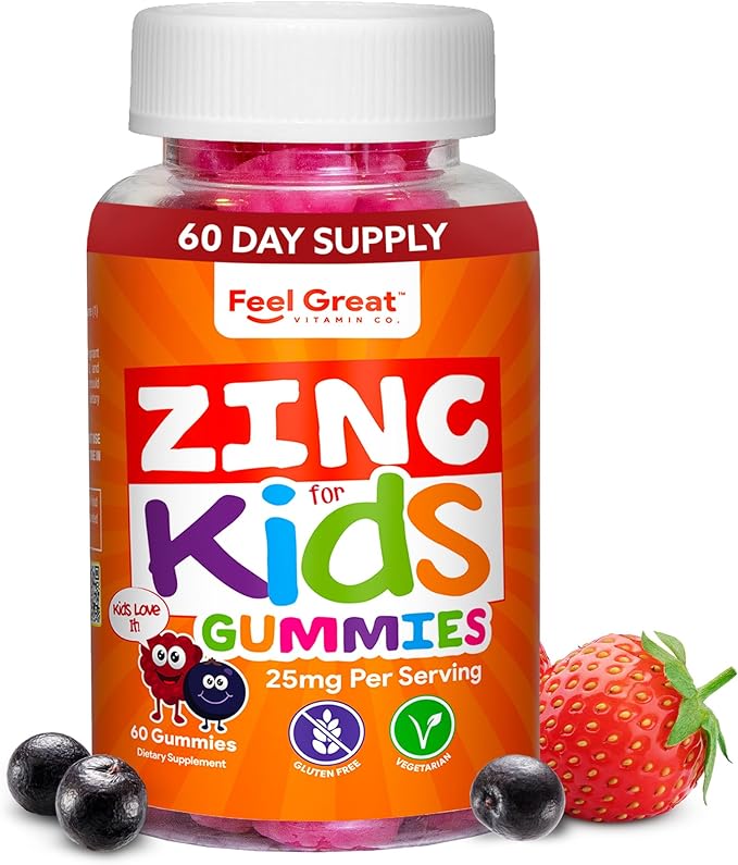 Feel Great Zinc Gummies for Kids | Bolster Your Child's Immune System with Yummy Kids Vitamins | Great Tasting Natural Flavor Gummy Supplement Vitamins | 60 Gummies