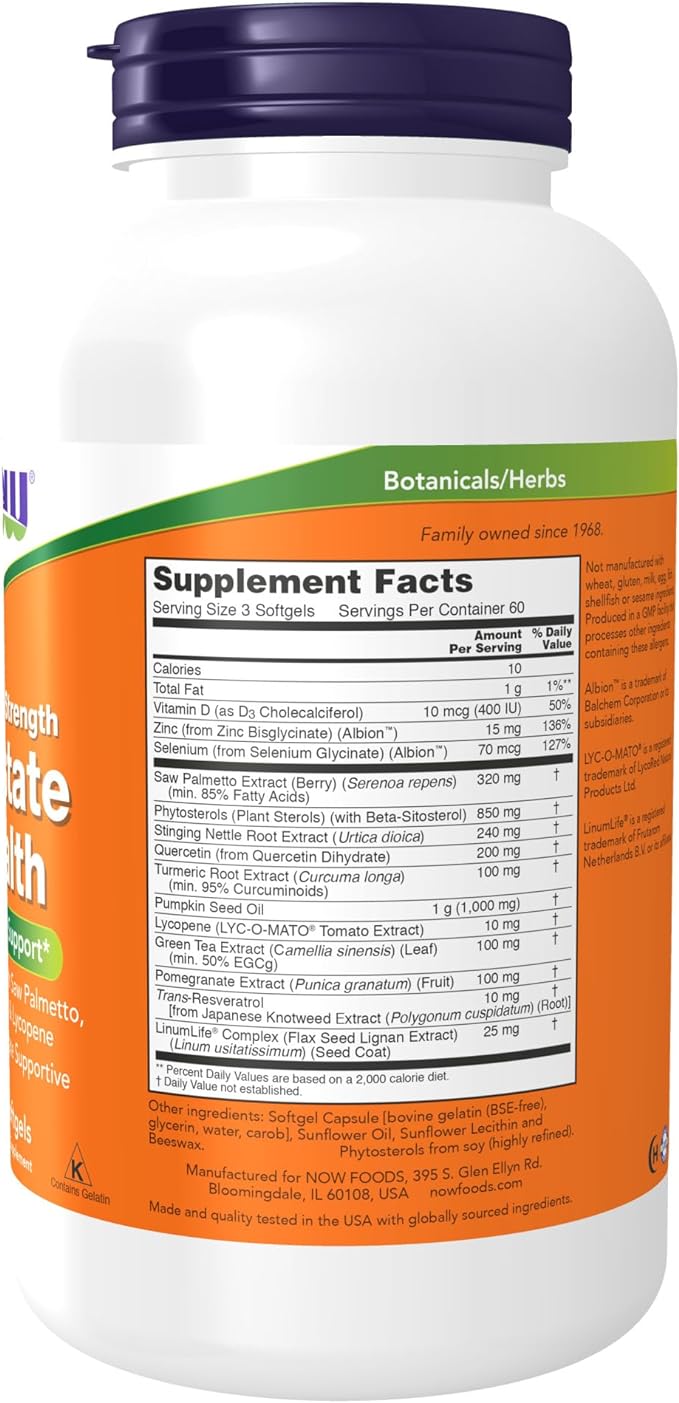 NOW Supplements, Prostate Health, Clinical Strength Saw Palmetto, Beta-Sitosterol & Lycopene, 180 Softgels