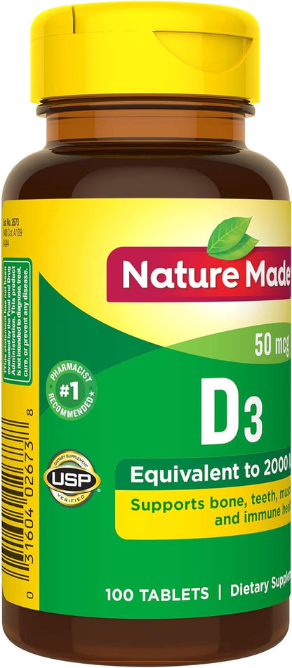 Nature Made Vitamin D3 2000 IU (50 mcg), Dietary Supplement for Bone, Teeth, Muscle and Immune Health Support, 100 Tablets, 100 Day Supply