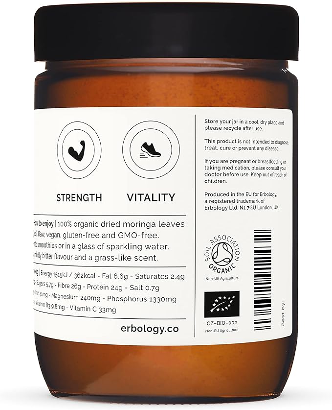 Erbology Organic Moringa Leaf Powder 3.2 oz - 45 Servings - Body Cleansing - Immunity Support - Rich in Iron - Sustainably Sourced Straight from Farm in India - Small Batch - Vegan - GMO-Free