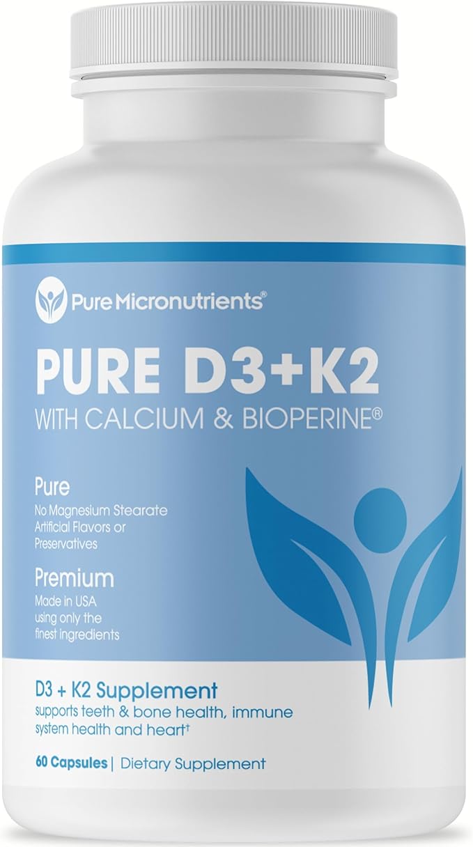 Pure Micronutrients Vitamin D3 K2 Supplement | MK7 100mcg, D3 5000 iu, Calcium + BioPerine | Muscle & Bone Health, Heart, Immunity & Energy Support | VEGAN | 60 capsules