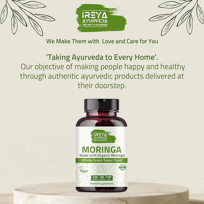 Organic Moringa Capsule 1000 mg (120 Capsules), Moringa Capsules Made from Organic Raw Dried Moringa Leaf Powder | Non-GMO Whole Green Super Food Nutrition 60 Days Supply