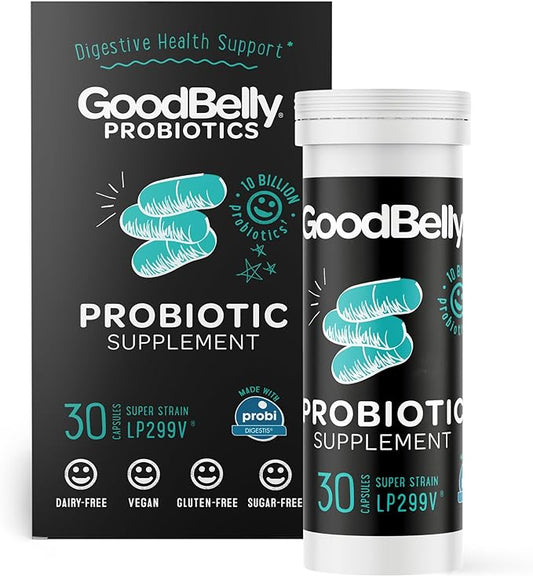 GoodBelly Probiotic Supplement for Digestive Health Support - Includes 10 Billion Live & Active Cultures of Lactobacillus Plantarum – Vegan Probiotic (30 Capsules per Bottle)