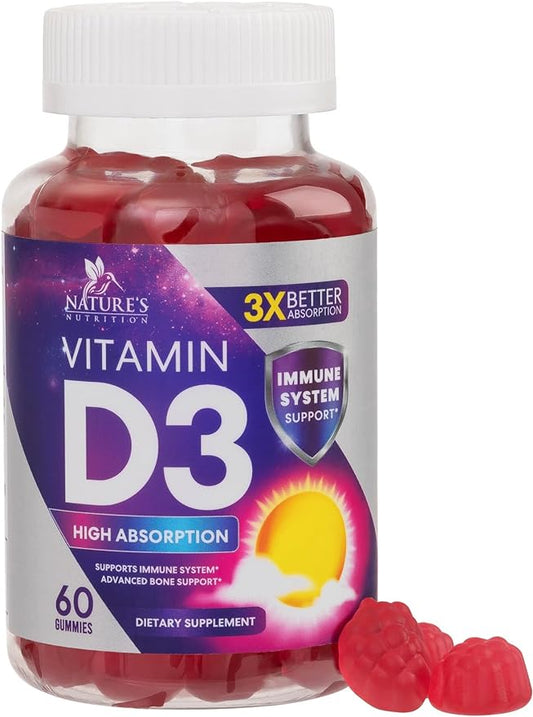 Vitamin D3 Gummy Vitamins Extra Strength 5000 IU (125 mcg) High Potency Vita D Gummies Dietary Supplement - Bone, Teeth, Muscle & Immune Support, Nature's Vitamin D Supplement, Non-GMO - 60 Gummies