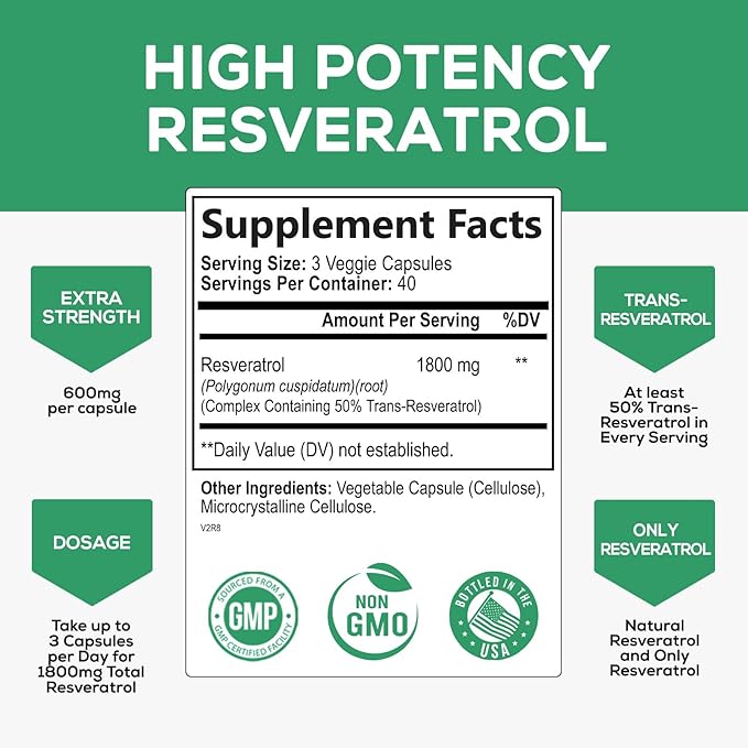 Resveratrol 1800mg Per Serving - Potent Antioxidants for Immune Support - Extra Strength Trans-Resveratrol Supplement Supports Healthy Aging & Heart Health - From Natural Polygonum Root - 120 Capsules