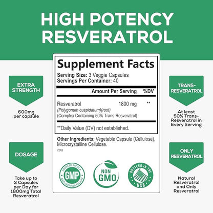 Resveratrol 1800mg Per Serving - Potent Antioxidants for Immune Support - Extra Strength Trans-Resveratrol Supplement Supports Healthy Aging & Heart Health - From Natural Polygonum Root - 120 Capsules