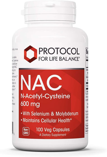 Protocol NAC 600mg - N-Acetyl-Cysteine with Molybdenum & Selenium - For Glutathione Synthesis, Cellular & Lung Health* - Amino Acid Supplement - Made Without Gluten, Dairy-Free, Non-GMO - 100 Veg Caps