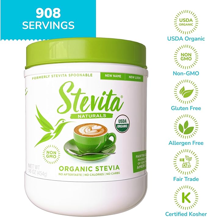 Stevita Organic Stevia - 16 oz - Stevia & Erythritol All-Natural Sweetener, No Calories - USDA Organic, Non-GMO, Vegan, Keto, Paleo, Gluten Free - 908 Servings