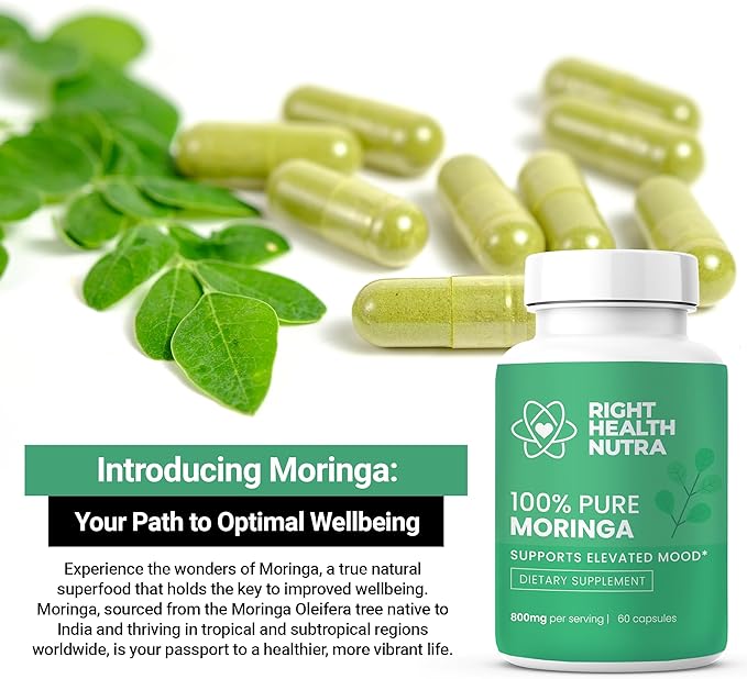 100% Pure Moringa 800mg - 60 Capsules - Dietary Supplement for Brighter Mood, Enhanced Concentration, and Fortified Memory - with Vitamins, Minerals, and Nourishing Nutrients