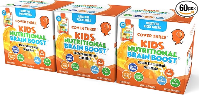 Cover Three Kids Brain Supplement Smoothie, Omega 3 Liquid Childrens DHA Fish Oil - Emotional, Physical Health - Focus and Attention, Heart, Vision Support, 20 Pouches (Orange) (3 Boxes)