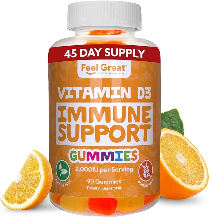 Feel Great Vitamin D Gummies for Adults | Tropical Flavored Vegetarian Chewable Vitamin D 2000 iu | Immune Support Supplement | Gluten Free | 45 Day Supply