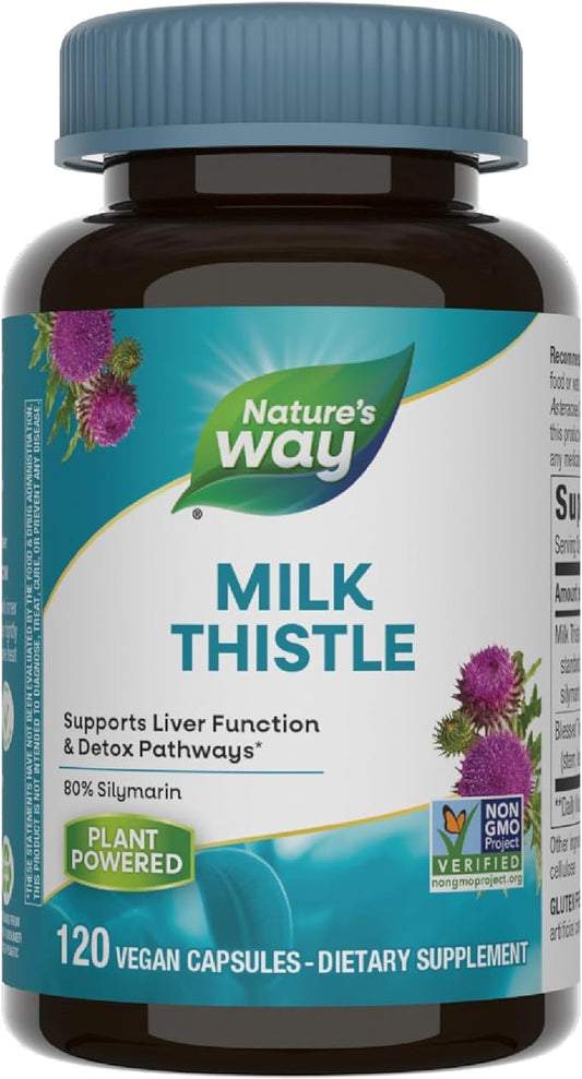 Nature's Way Milk Thistle, Supports Liver Function and Detoxification Pathways*, 175 mg Milk Thistle Seed Extract Standardized to 80% Silymarin per Serving, 120 Capsules (Packaging May Vary)