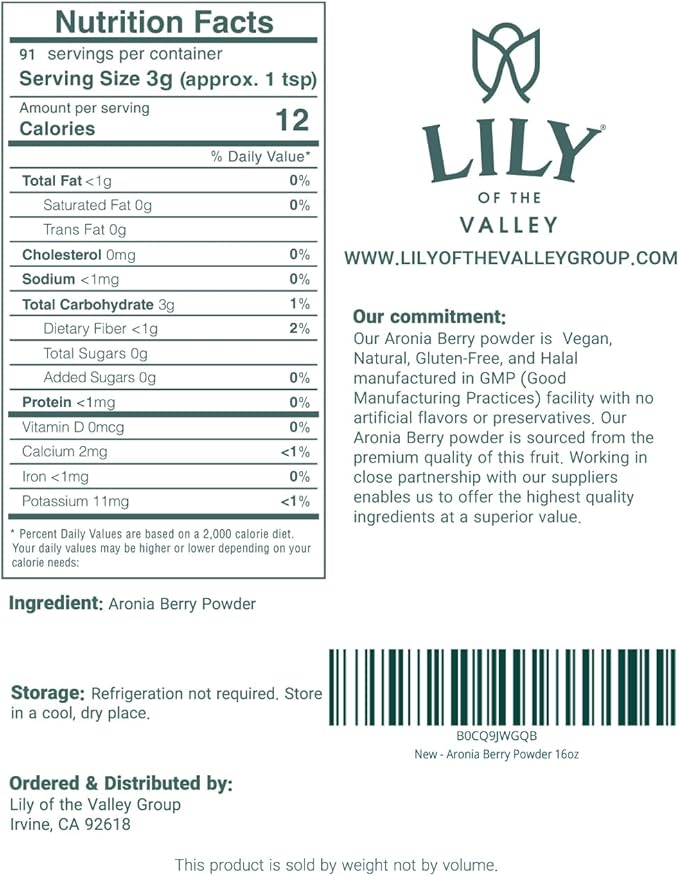 Lily of the Valley Aronia Berry Powder - Ideal for Smoothies & Shakes - Superfood Berry - High in Flavonoids - Water Soluble - Vegan & Gluten-Free - Packed in Resealable Pouch (16oz, 453g)